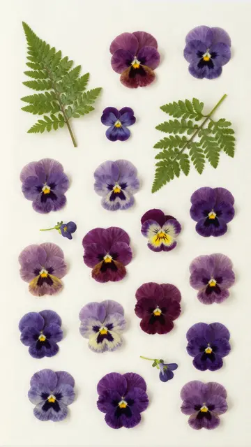 Loose flat lay arrangement of pressed purple pansies, fern fronds, and small violets on cream paper