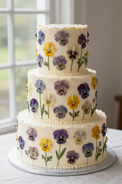 Three tier ivory wedding cake decorated with pressed pansies sits on a linen table by a bright window.
