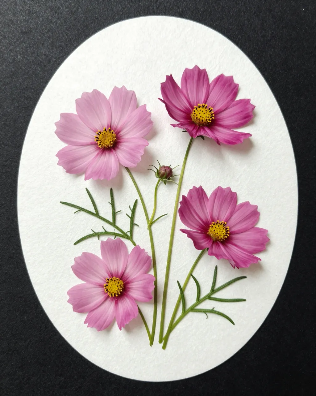Top view of pink cosmos flowers arranged inside an oval of textured handmade paper against a dark background