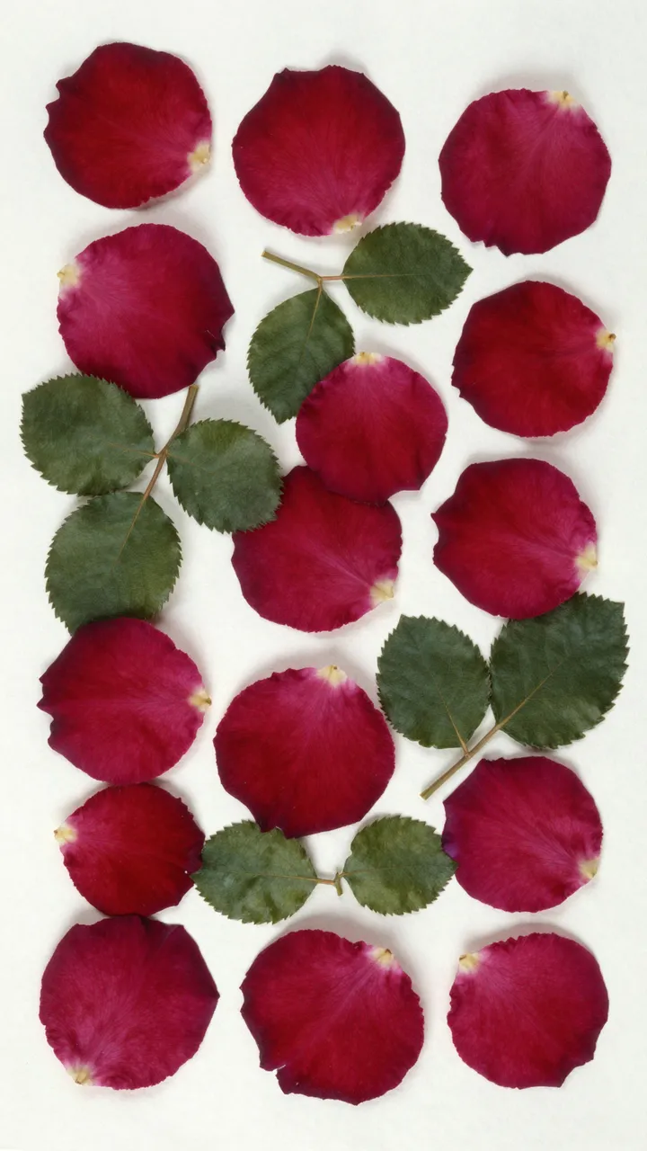 Top view of overlapping deep red pressed rose petals and green leaves arranged on plain off-white handmade paper.