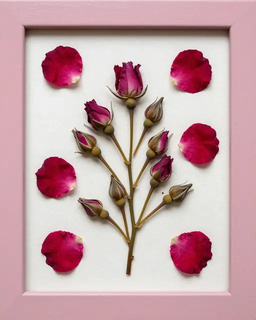 Overhead view of pressed rose buds and petals arranged on textured ivory paper inside a dusty pink frame