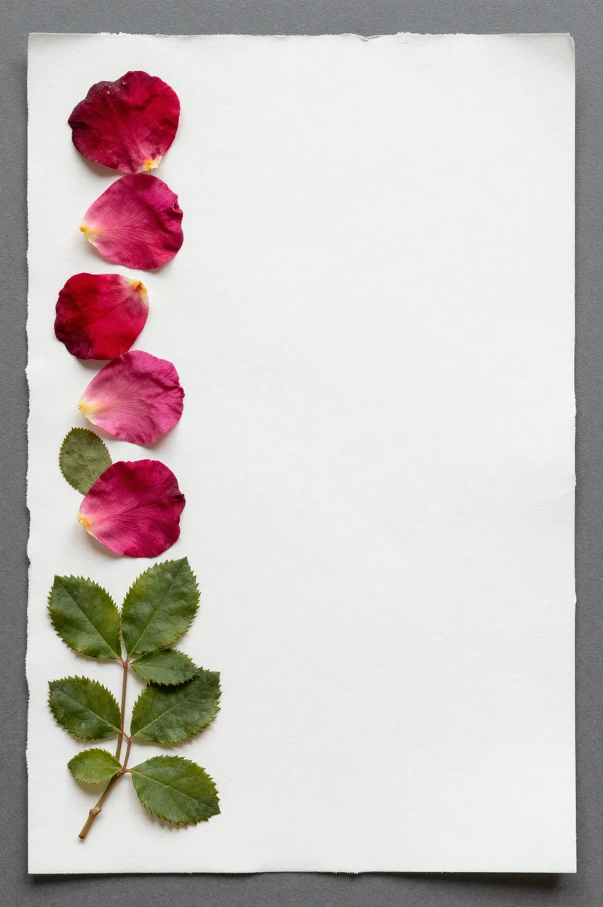 Overhead view of pressed wild rose petals and leaves arranged along the left edge of torn deckled handmade paper.