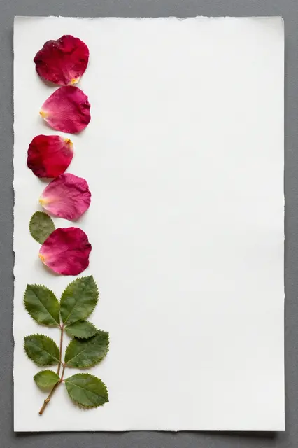 Overhead view of pressed wild rose petals and leaves arranged along the left edge of torn deckled handmade paper.