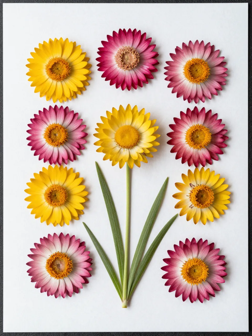 Top down view of arranged pink and yellow pressed strawflowers on warm white paper background