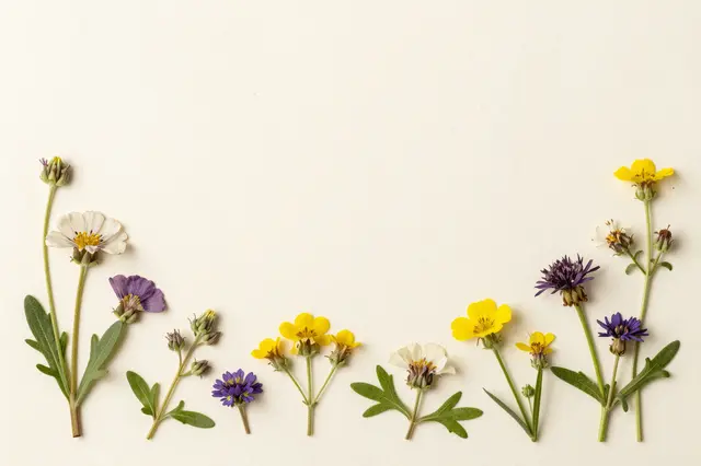 Top view flat lay of pressed wildflowers arranged along the bottom and side edges of blank cream paper with central copy