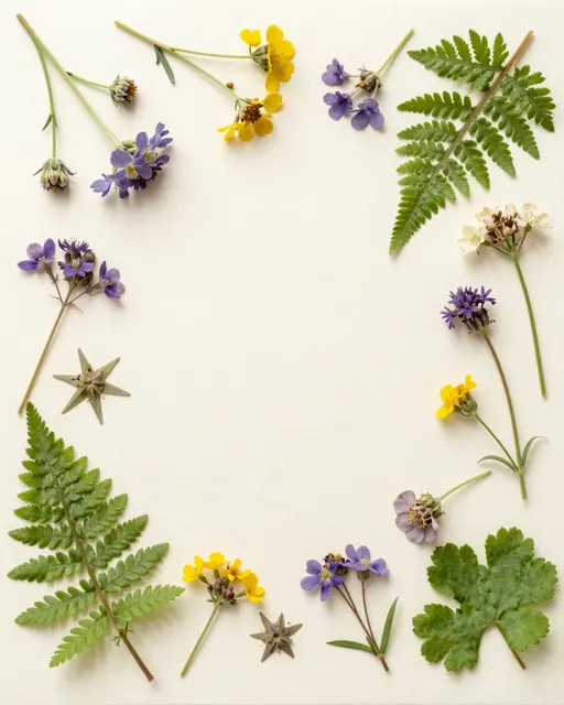 Flat lay of pressed wildflowers and ferns arranged as a frame around empty cream watercolor paper