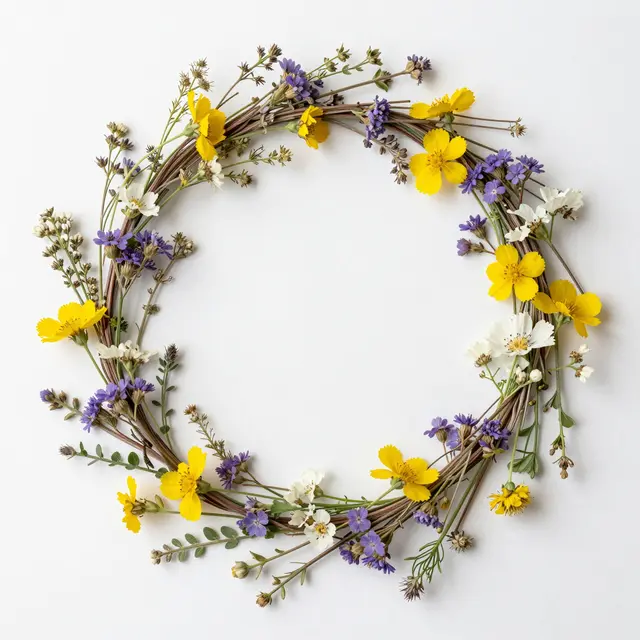 Top-down view of a circular wreath of yellow, purple and white pressed wildflowers resting on smooth white paper