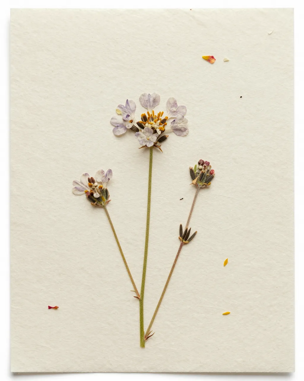 Dried pressed wildflowers and tiny petal flecks rest on pale fibrous handmade seed paper under even soft light