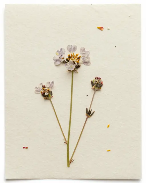 Dried pressed wildflowers and tiny petal flecks rest on pale fibrous handmade seed paper under even soft light