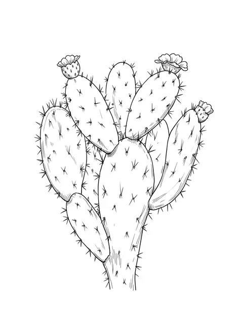 Fine black ink line drawing of a flowering prickly pear cactus on a plain white background