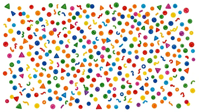 Scattered hand-painted confetti shapes in bright primary colors arranged across a plain white background