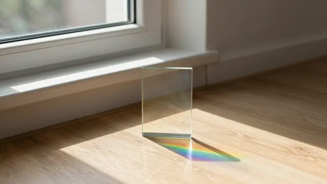 A glass prism on a windowsill edge casts a rainbow spectrum across a sunlit wooden floor