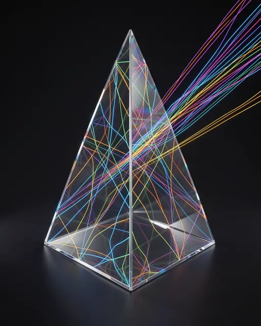 A transparent glass pyramid prism disperses light into crisscrossing multicolored glowing lines against a dark background