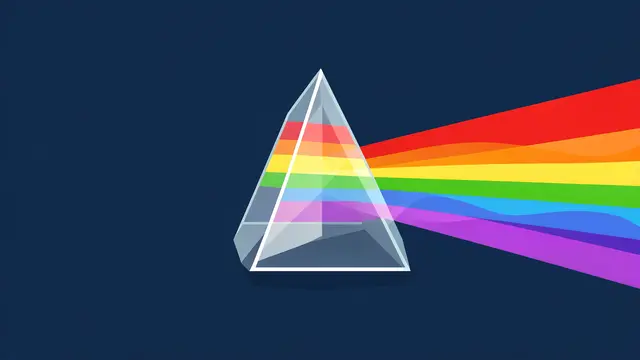 A flat vector glass prism splits incoming white light into a rainbow spectrum against a dark blue background