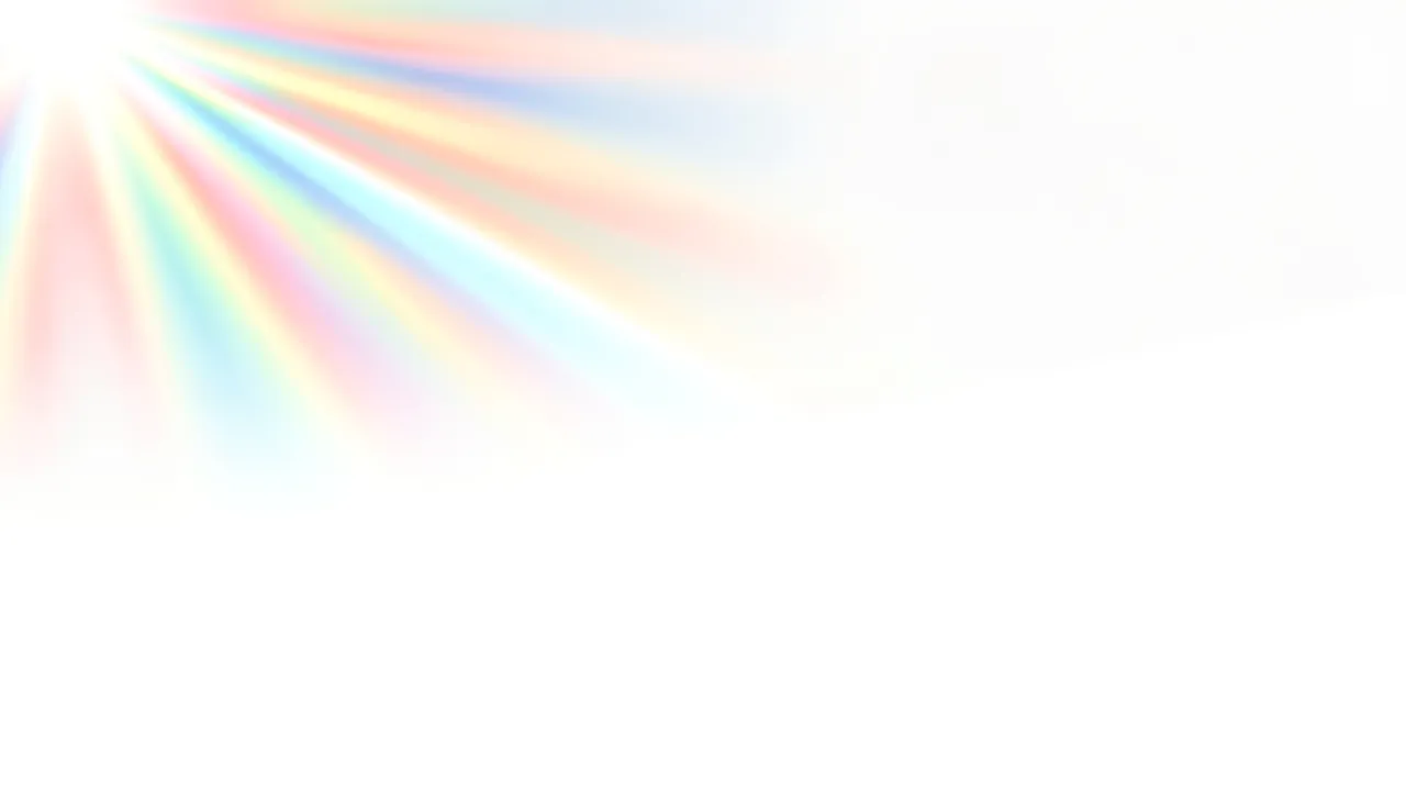 Soft diffracted rainbow prism rays extend from the top left across a mostly white empty background
