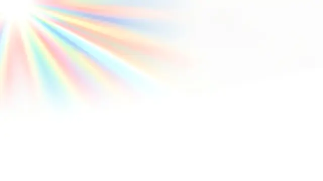 Soft diffracted rainbow prism rays extend from the top left across a mostly white empty background