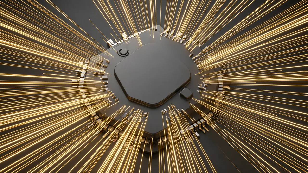 A blank dark processor chip is surrounded by glowing golden light streaks radiating from frame edges.