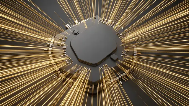 A blank dark processor chip is surrounded by glowing golden light streaks radiating from frame edges.