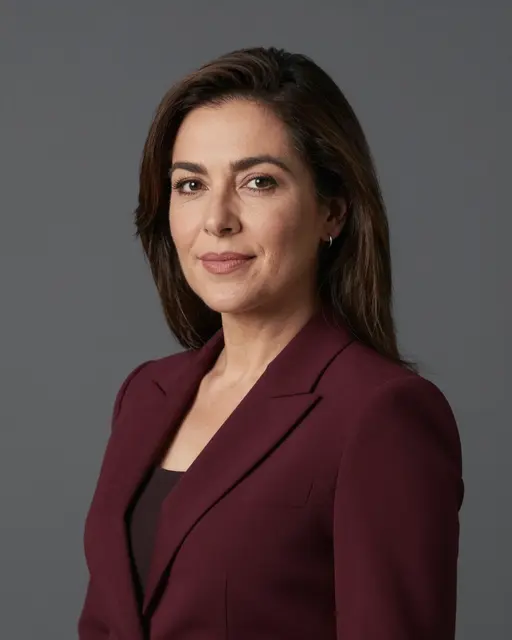 Studio portrait of a Latina woman in a burgundy blazer against a charcoal gray backdrop