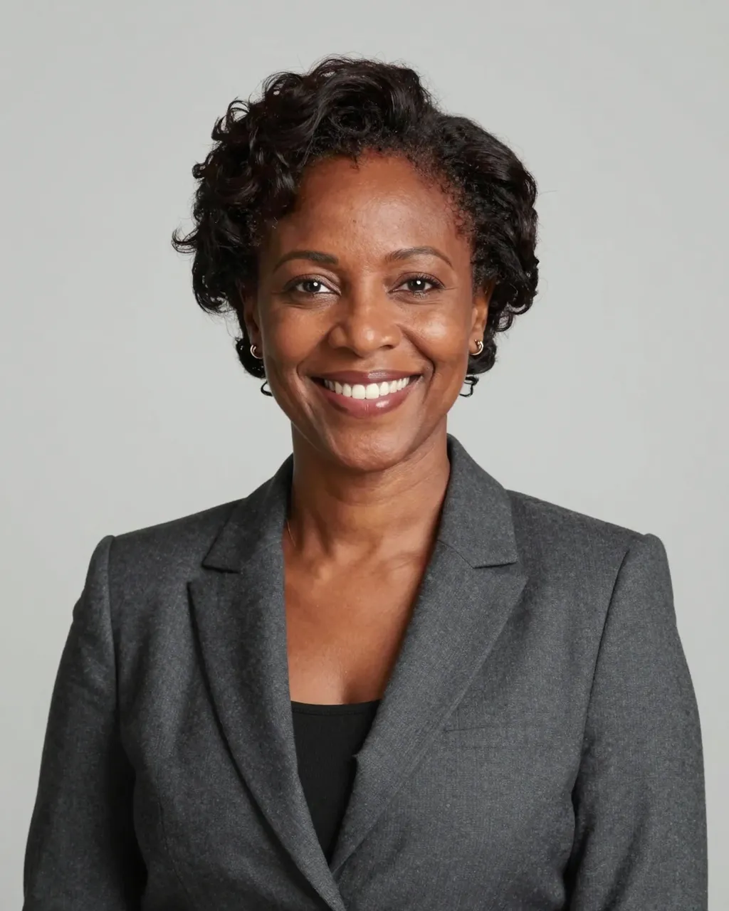 Studio headshot of a confident Black woman in a charcoal blazer smiling at the camera