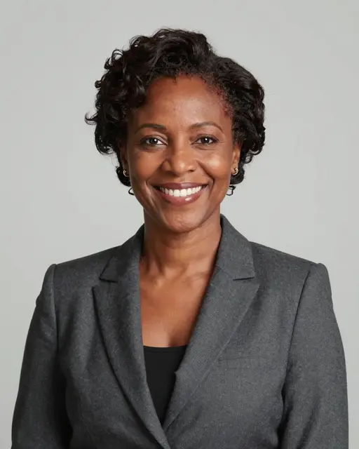 Studio headshot of a confident Black woman in a charcoal blazer smiling at the camera