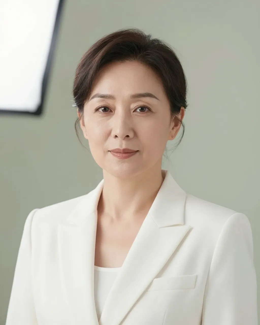 Studio headshot of a middle-aged East Asian woman wearing a crisp white blazer against a soft sage backdrop.