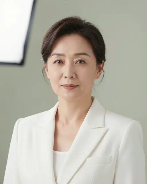 Studio headshot of a middle-aged East Asian woman wearing a crisp white blazer against a soft sage backdrop.