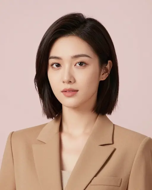 Studio headshot of a late twenties East Asian woman with a sleek bob in a camel blazer against a pale pink backdrop