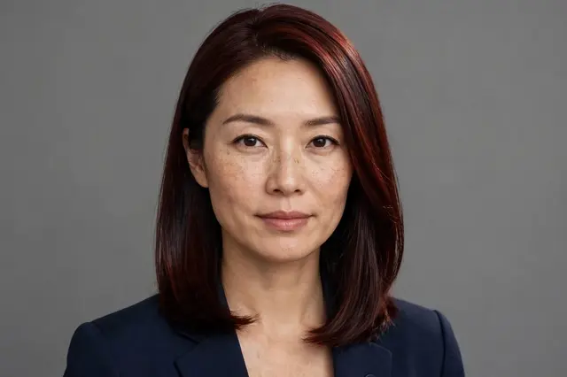 Headshot of a professional East Asian woman with sleek dark auburn hair against a plain grey backdrop