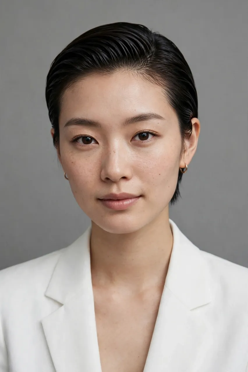 Bust portrait of an East Asian woman in a white blazer with slicked back hair against a plain grey backdrop
