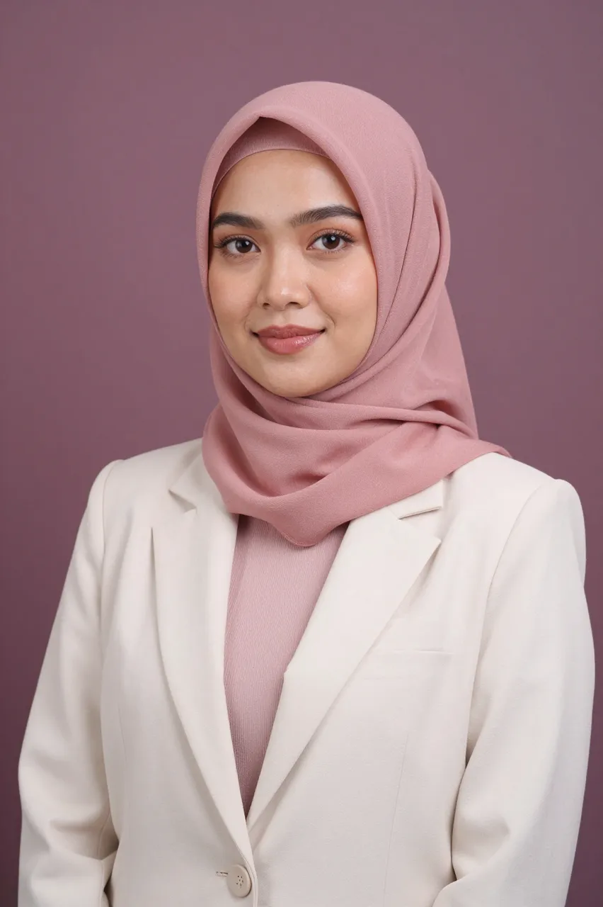Half-length portrait of a Southeast Asian woman in a dusty rose hijab and cream blazer against a mauve backdrop