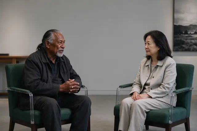 Two mature people sit facing each other in green armchairs during a calm indoor discussion