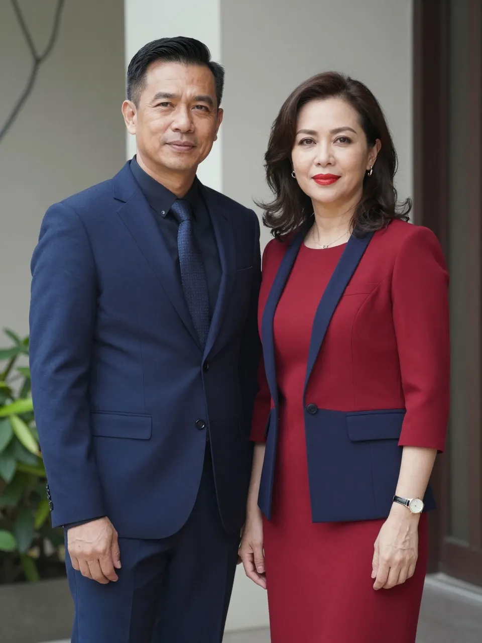 A Southeast Asian man in a navy suit and a woman in a red dress pose side by side outdoors near a building entrance.