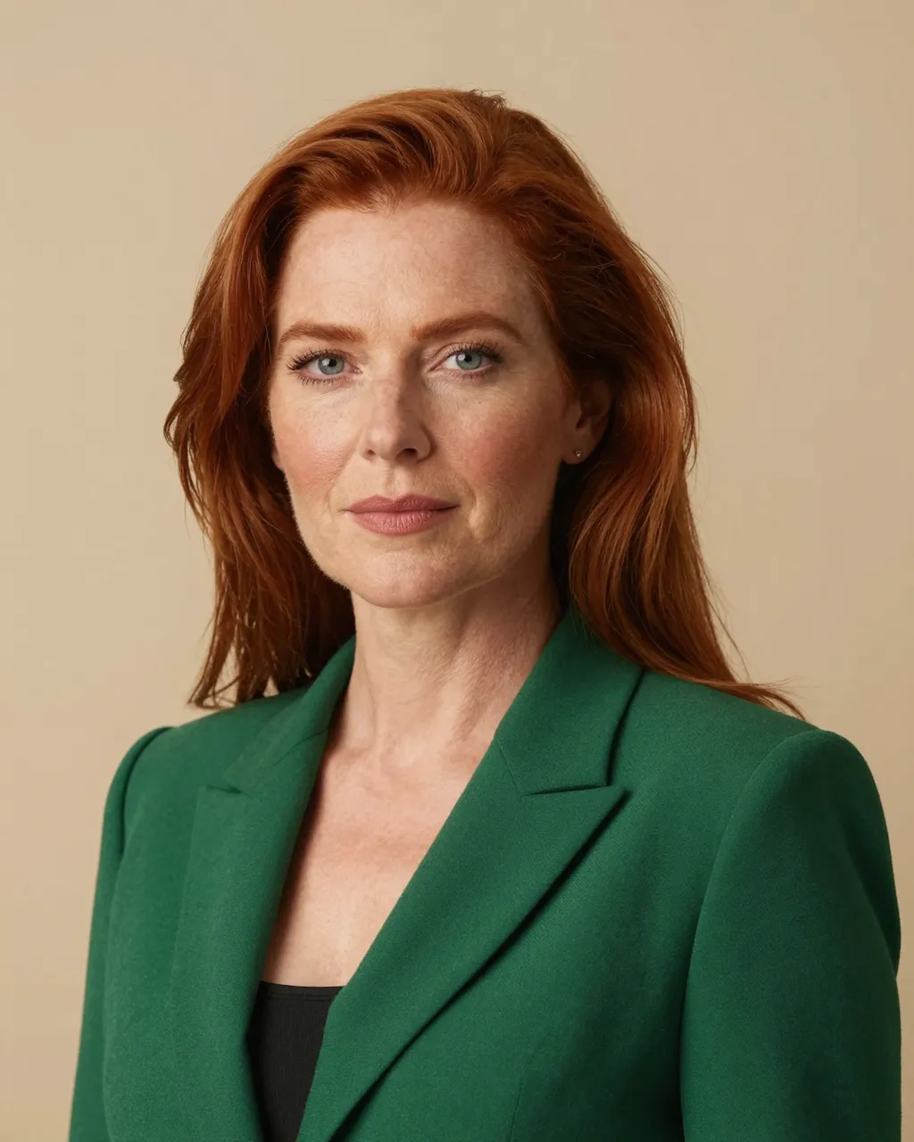 Studio headshot of a woman in her forties with red hair wearing a green blazer against a warm beige backdrop