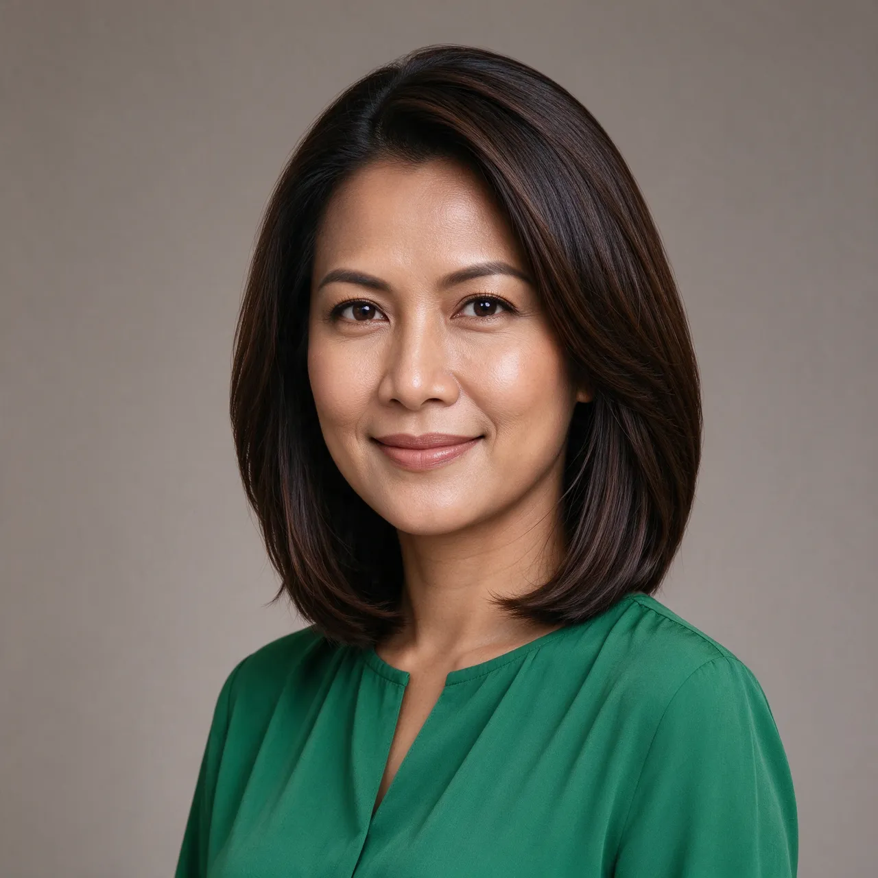 Headshot portrait of a Southeast Asian woman in her thirties wearing an emerald blouse against a warm grey backdrop