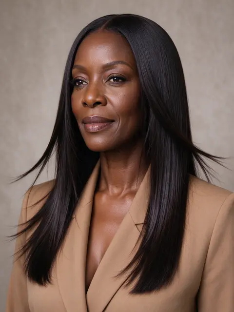 Portrait of a Black woman in her forties with sleek long hair wearing a tan blazer against a neutral background