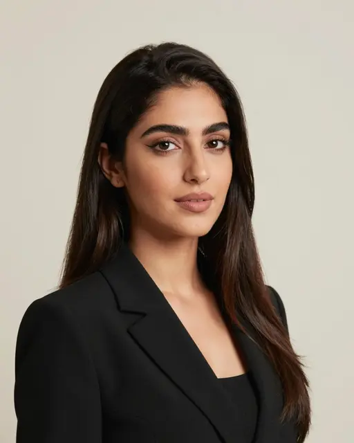 Studio headshot of a young Middle Eastern woman in a black blazer against a neutral off-white backdrop