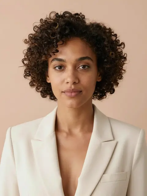 Headshot of a mixed-race woman in her late twenties with short curly hair and a cream blazer against a soft peach backdrop
