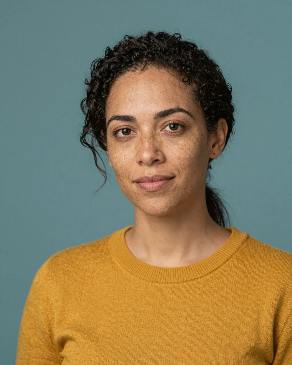 Mixed-race woman in her thirties with freckles wears a mustard sweater against a teal backdrop.