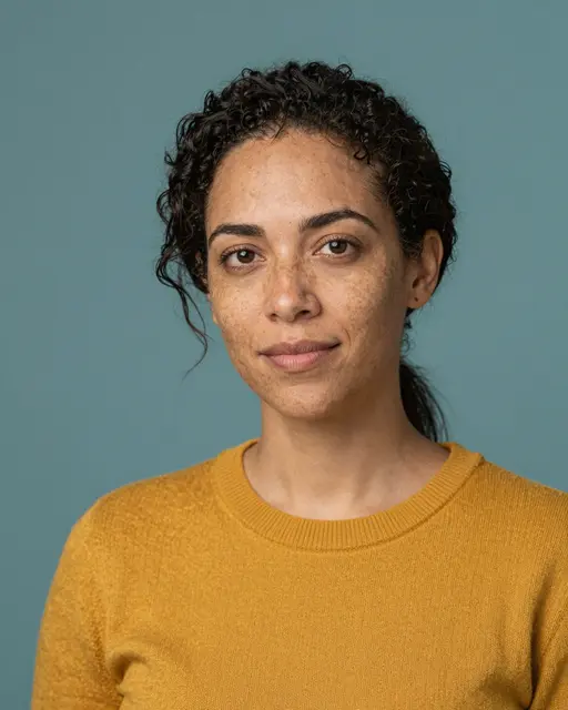 Mixed-race woman in her thirties with freckles wears a mustard sweater against a teal backdrop.