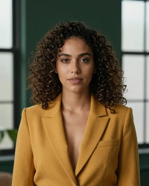 A portrait of a woman in a mustard blazer looking directly at the camera against a deep green backdrop
