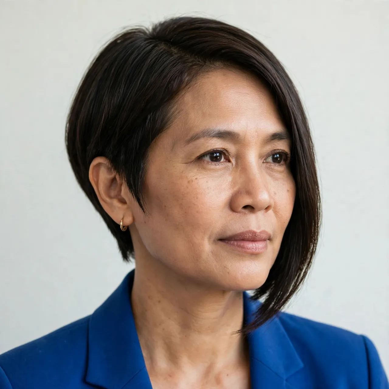 Studio portrait of a Southeast Asian woman in her forties with an asymmetrical bob and blue blazer against a pale backdrop