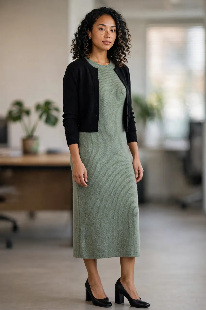 A mixed-race woman in a sage knit midi dress and cropped cardigan stands in a bright modern office