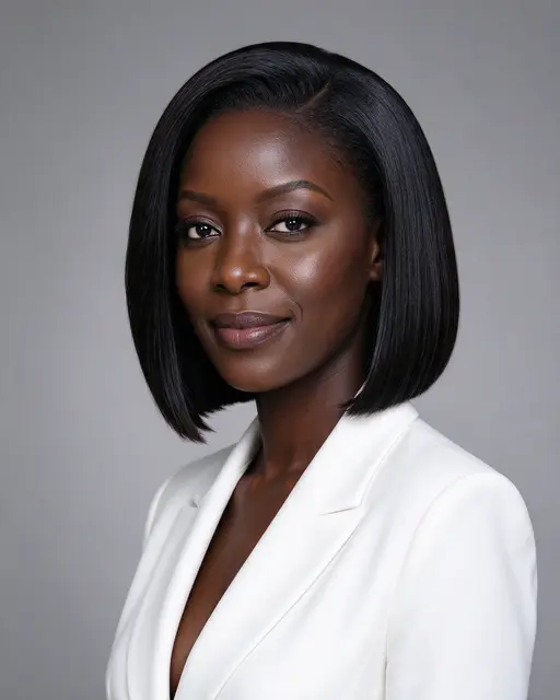Professional Black woman with a silk press bob and white blazer poses against a soft grey backdrop