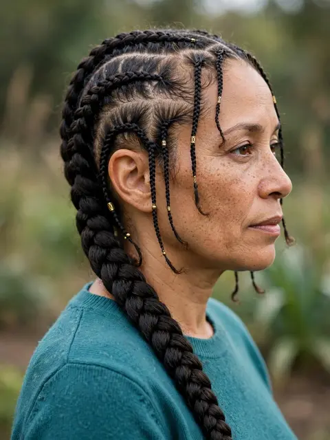 Side profile portrait of a middle-aged woman with detailed Fulani braids wearing a teal sweater outdoors