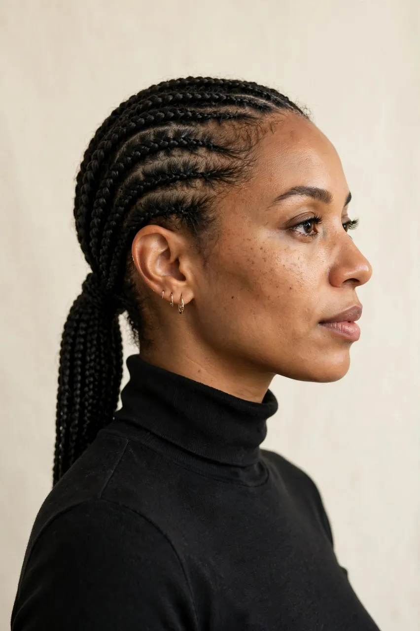 Side profile studio portrait of an Afro-Latina woman with cornrow braids wearing a black turtleneck against a cream backdrop
