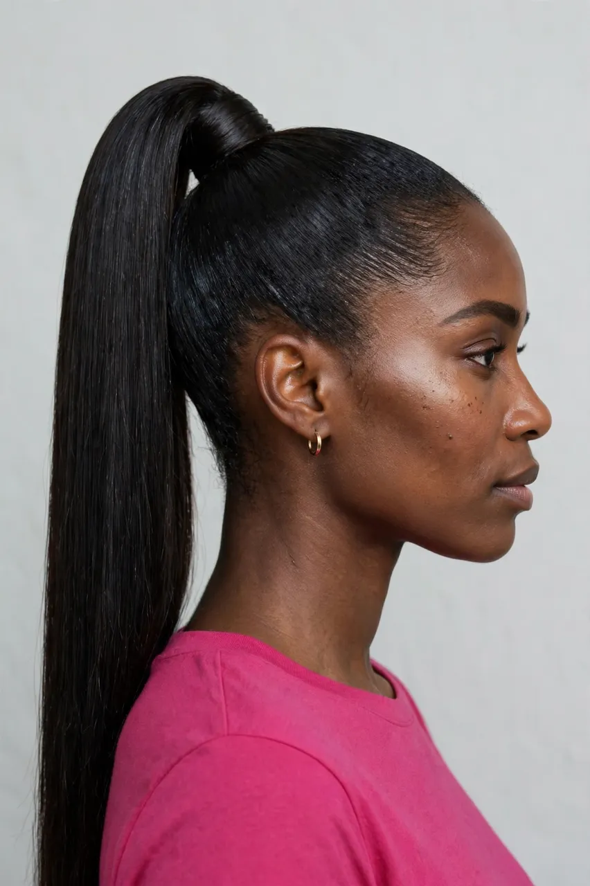 Side profile view of a Black woman with a high glossy ponytail wearing a pink top against a pale grey background