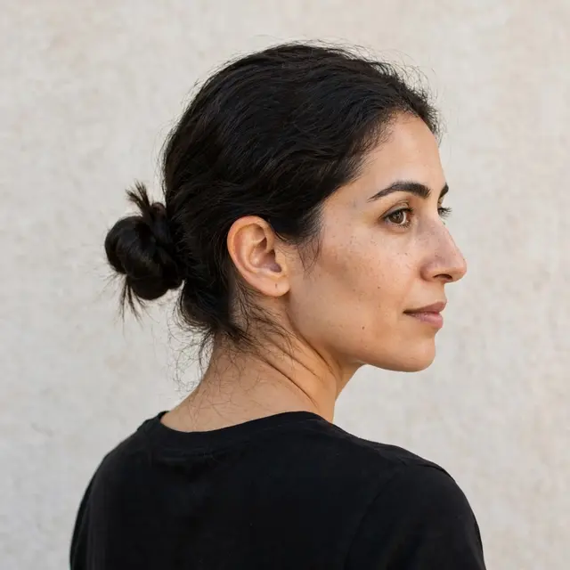 Side profile portrait of a Middle Eastern woman in her thirties with a nape hair knot, wearing a black top against a plain