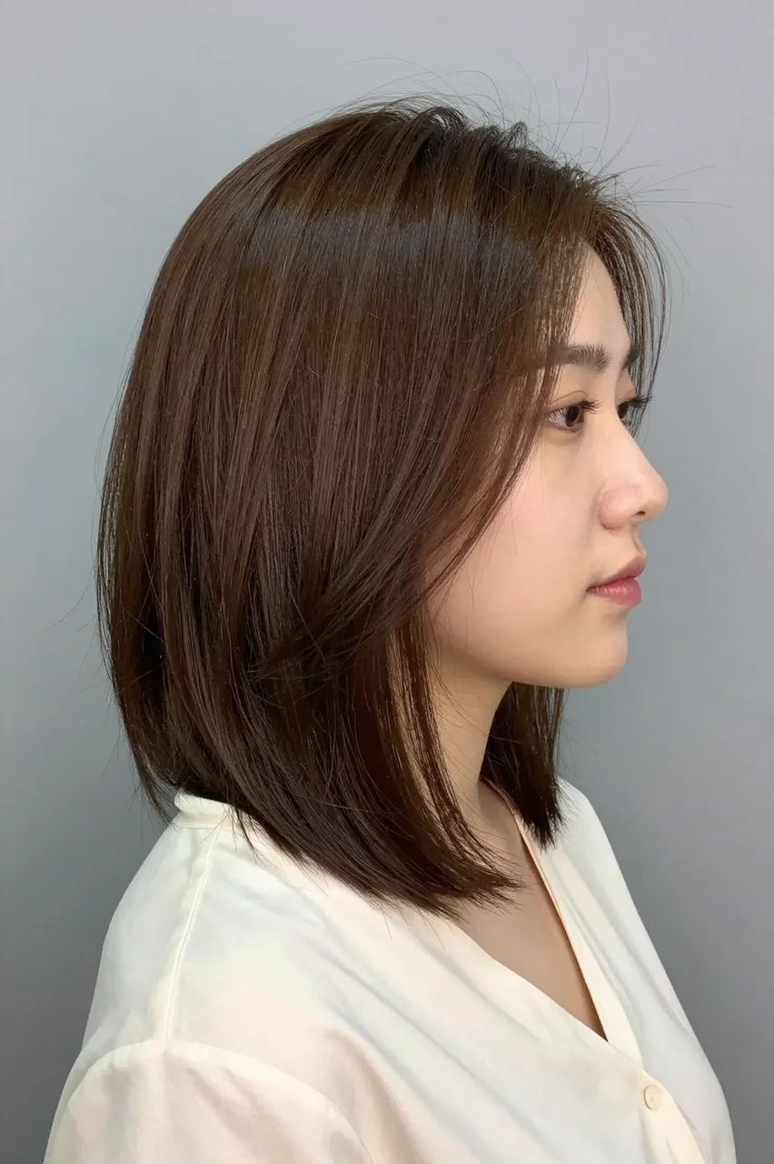 Profile portrait of an East Asian woman in her thirties with a glossy chin-length bob against a soft grey background