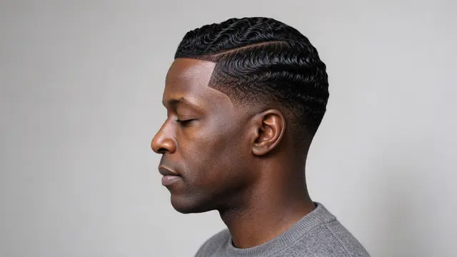 Profile view of a Black man in his forties with a crisp waves haircut, wearing a grey sweater against a plain light grey